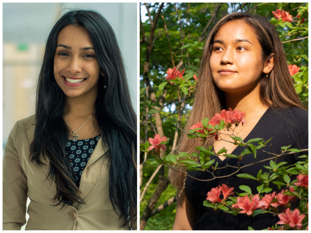 On the left, a young woman wearing a tan blazer and blue patterned top regards the camera. Her hair is loose and she is smiling. On the right, another young woman  stands in the middle of a lush forest environment, framed by flowers. Her expression is contemplative. 